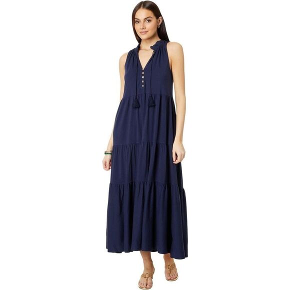 Lilly Pulitzer Malone Maxi Dress Small Navy Blue Tiered Skirt Tassel Resort Wear - Picture 2 of 8